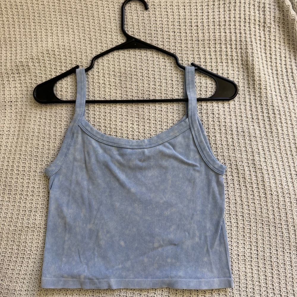 Eye Candy Blue Ribbed Acid Wash Crop Tank Top L/XL Scoop Neck Sleeveless Shirt